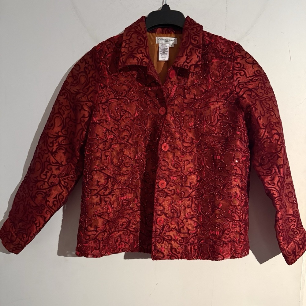 Coldwater Creek Jacket M Red Jacquard Embroidered Boho Cottage Y2K Whimsigoth